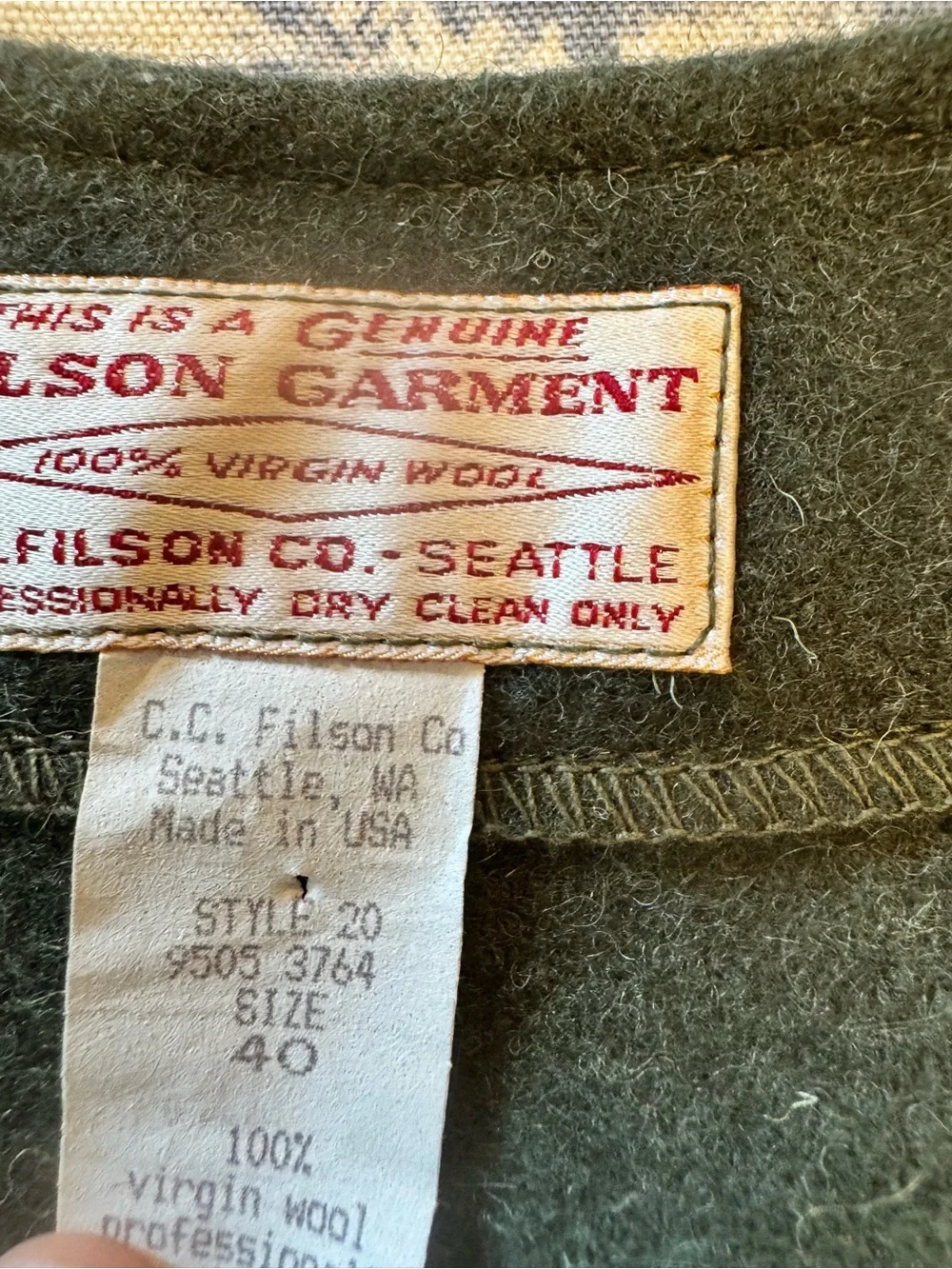 Filson Olive Green Wool Vest with Branded Label - Picture 2 of 5
